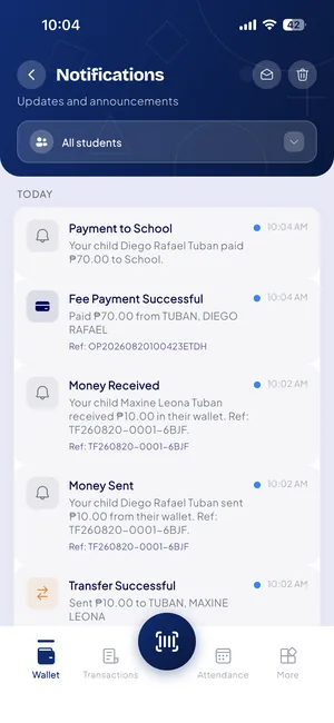 SchoolAide notification inbox grouped by day, showing a school fee payment, money received, money sent, and a successful transfer.