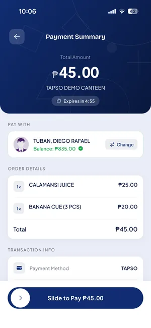 SchoolAide QR payment summary showing a canteen order itemised by product and price, a countdown before the code expires, the wallet paying for it, and a slide-to-pay control.
