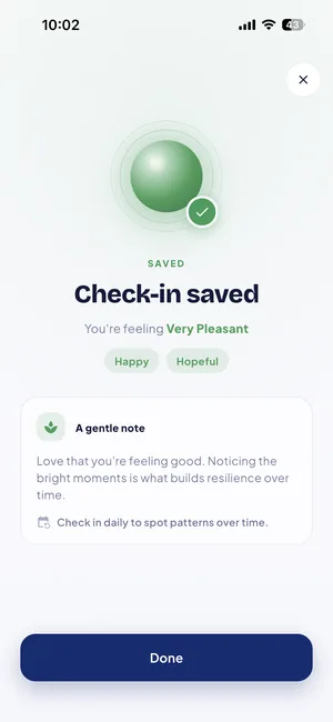 SchoolAide Reflect screen confirming a saved daily check-in, with the recorded feeling and a short supportive note.